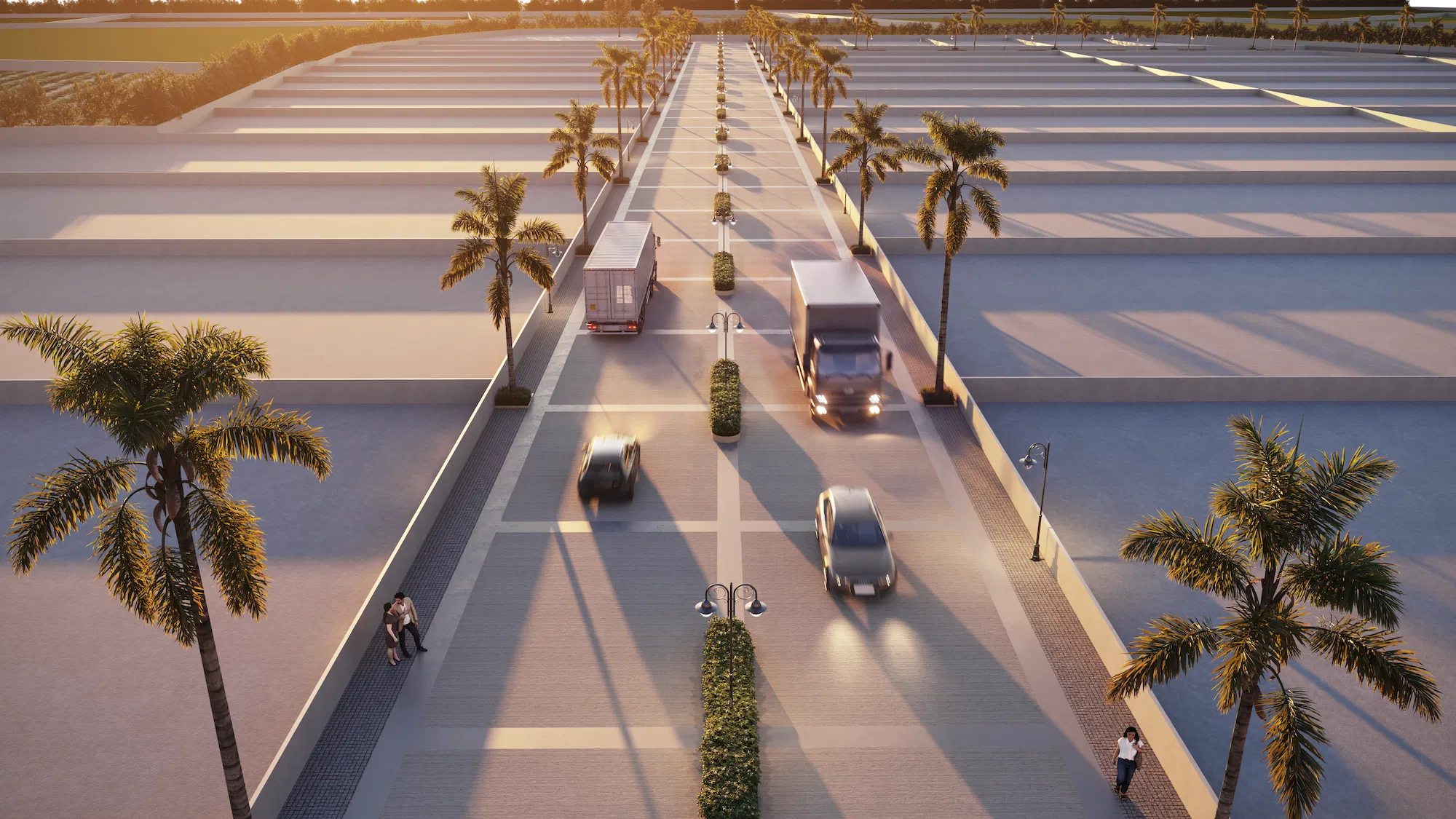 Wide internal avenue with palm-lined roads